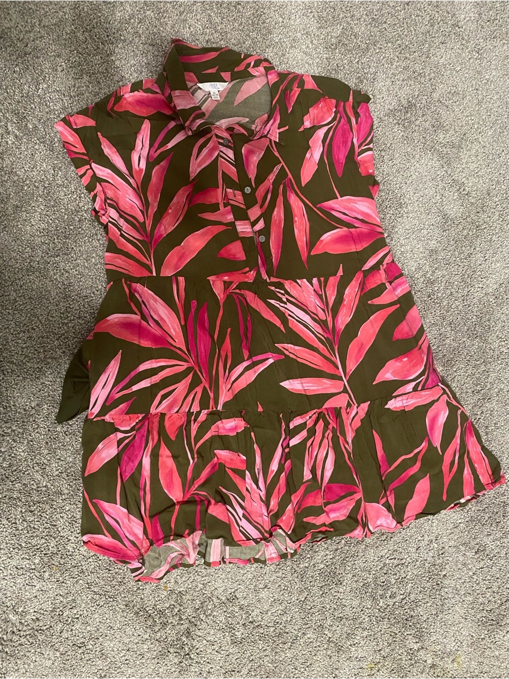 Time and Tru Olive Midi Dress with Pink Leaf Print